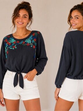 Annabelle Dark Charcoal Embroidered Tie-Front Long Sleeve Blouse